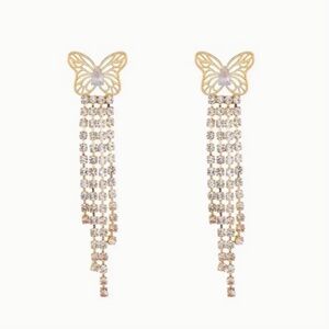Golden Butterfly Design Earrings with Elegant Rhinestone Tassels Pierced Ears